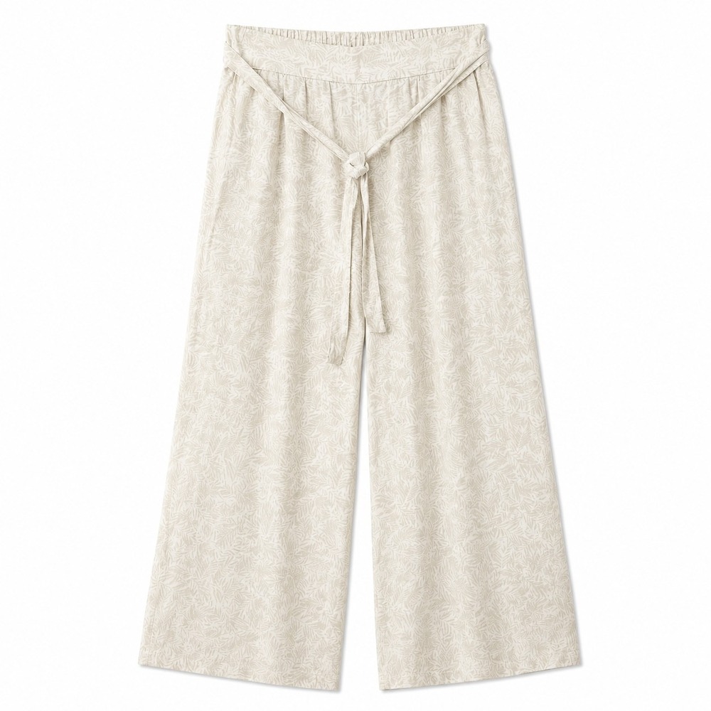 MIDNIGHT SKY Linen Blend Wide-Leg Pant Sz L Ivory All-Over Palm Leaf Coastal